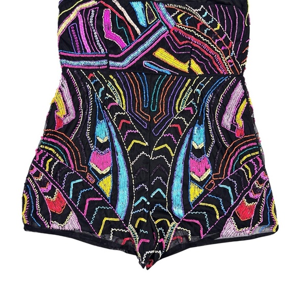 ASOS NEON BEAD EMBELLISHED ART DECO GEOMETRIC ONE SHOULDER PARTY ROMPER JUMPSUIT - Picture 7 of 16